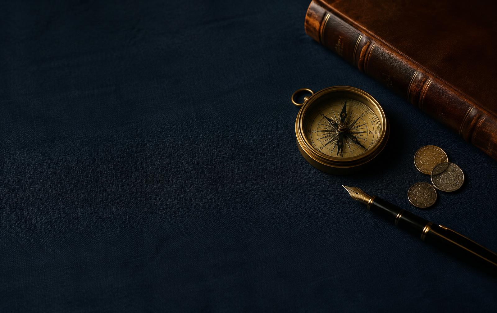 Brass compass, ledger and pen on navy linen